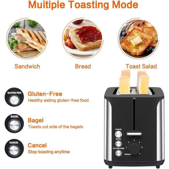 Bella 2 Slice Toaster Stainless Steel 5 Heat Settings Reheat Gluten Free Option - Picture 2 of 4